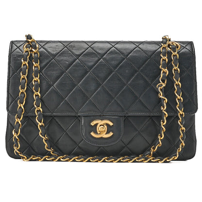 CHANEL Lambskin Matelasse 25cm Double Straight Flap Chain Shoulder Black Gold-Tone Hardware, Pre-Owned