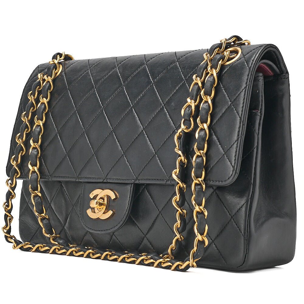 CHANEL Lambskin Matelasse 25cm Double Straight Flap Chain Shoulder Black Gold-Tone Hardware, Pre-Owned