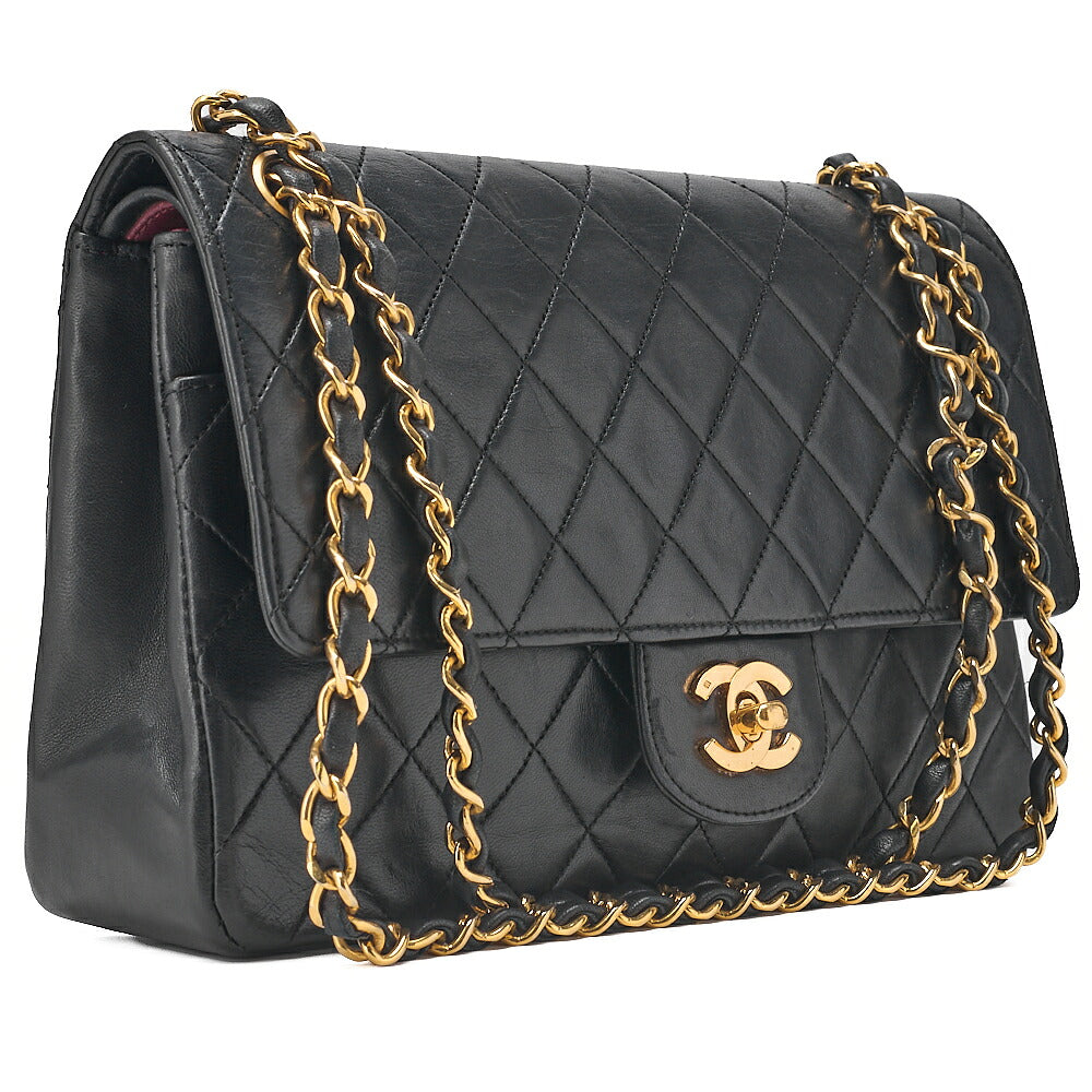CHANEL Lambskin Matelasse 25cm Double Straight Flap Chain Shoulder Black Gold-Tone Hardware, Pre-Owned