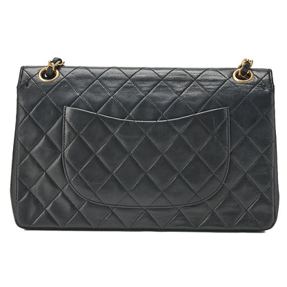 CHANEL Lambskin Matelasse 25cm Double Straight Flap Chain Shoulder Black Gold-Tone Hardware, Pre-Owned