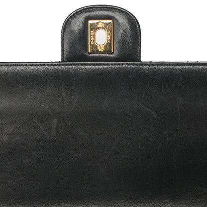 CHANEL Lambskin Matelasse 25cm Double Straight Flap Chain Shoulder Black Gold-Tone Hardware, Pre-Owned