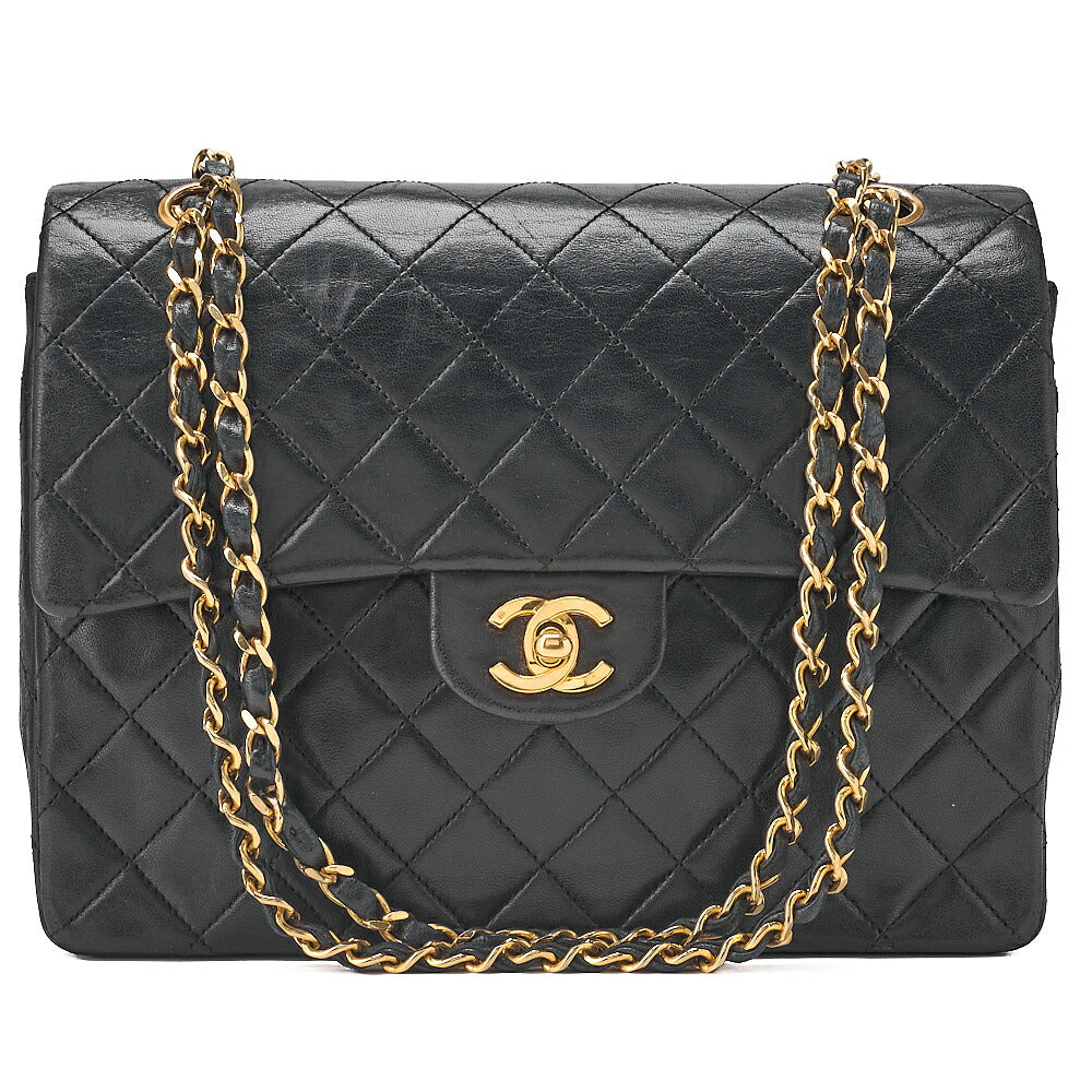 CHANEL Lambskin Matelasse 25cm Square Double Flap Chain Shoulder Black Gold-Tone Hardware, Pre-Owned