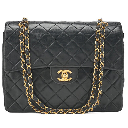 CHANEL Lambskin Matelasse 25cm Square Double Flap Chain Shoulder Black Gold-Tone Hardware, Pre-Owned