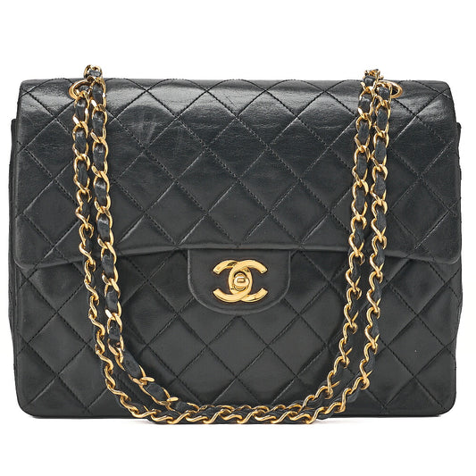 CHANEL Lambskin Matelasse 25cm Square Double Flap Chain Shoulder Black Gold-Tone Hardware, Pre-Owned