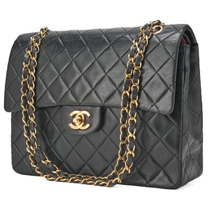 CHANEL Lambskin Matelasse 25cm Square Double Flap Chain Shoulder Black Gold-Tone Hardware, Pre-Owned