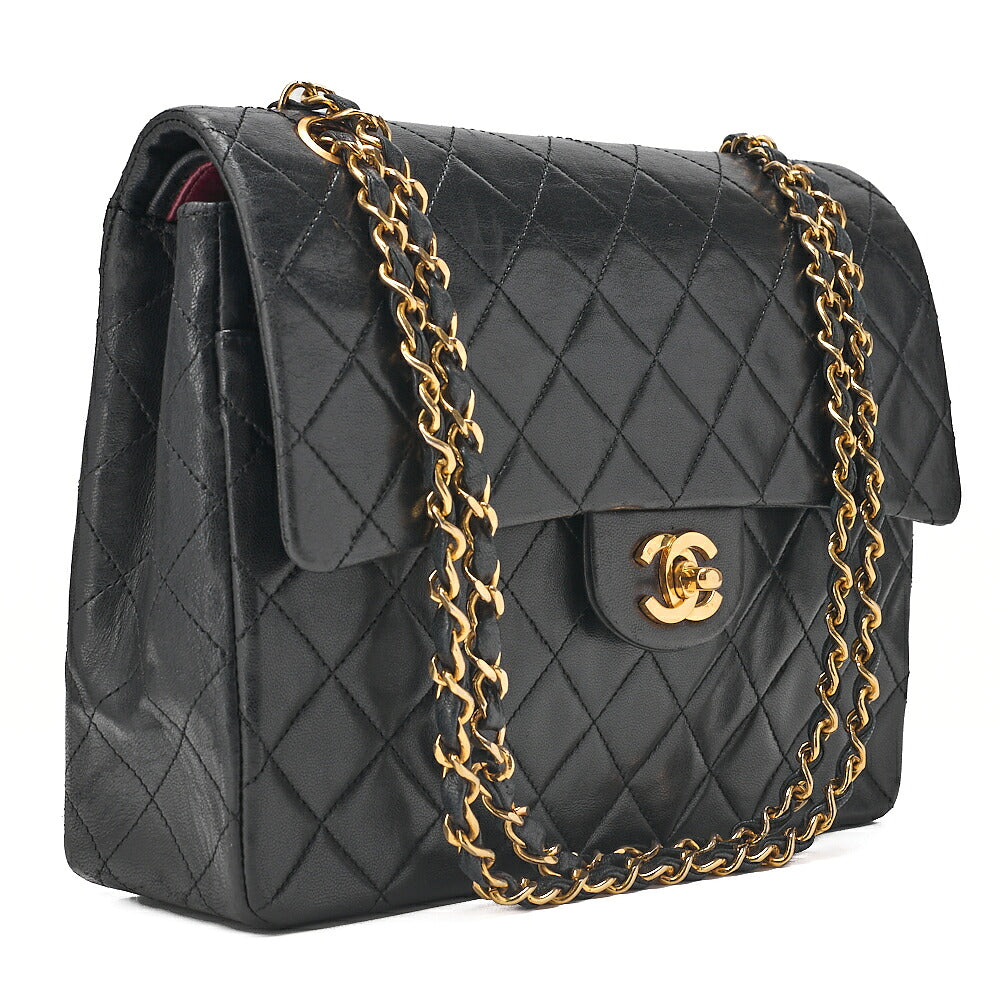 CHANEL Lambskin Matelasse 25cm Square Double Flap Chain Shoulder Black Gold-Tone Hardware, Pre-Owned