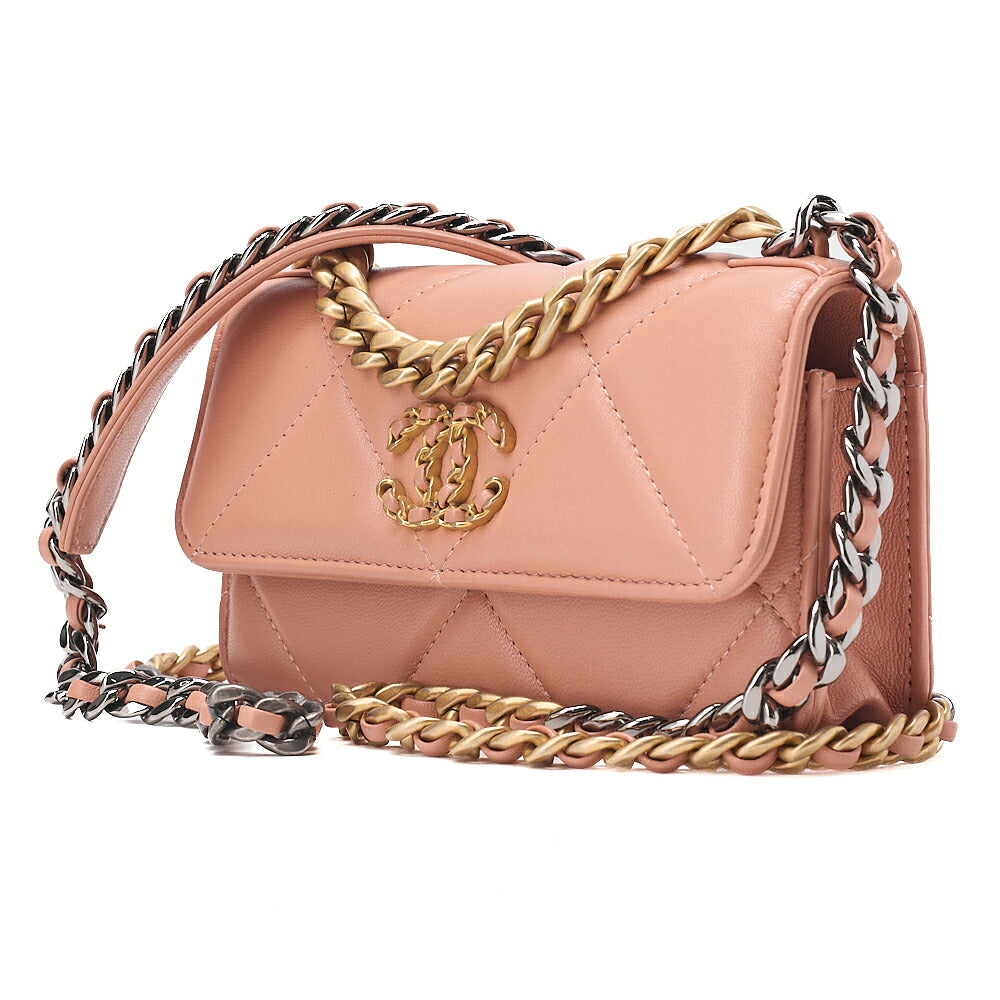 CHANEL Chanel 19 Lambskin Matelasse Chain Wallet 2WAY Salmon Pink (Gold x Silver-Tone Hardware, Pre-Owned