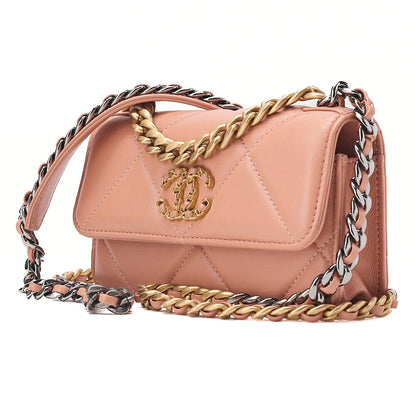 CHANEL Chanel 19 Lambskin Matelasse Chain Wallet 2WAY Salmon Pink (Gold x Silver-Tone Hardware, Pre-Owned