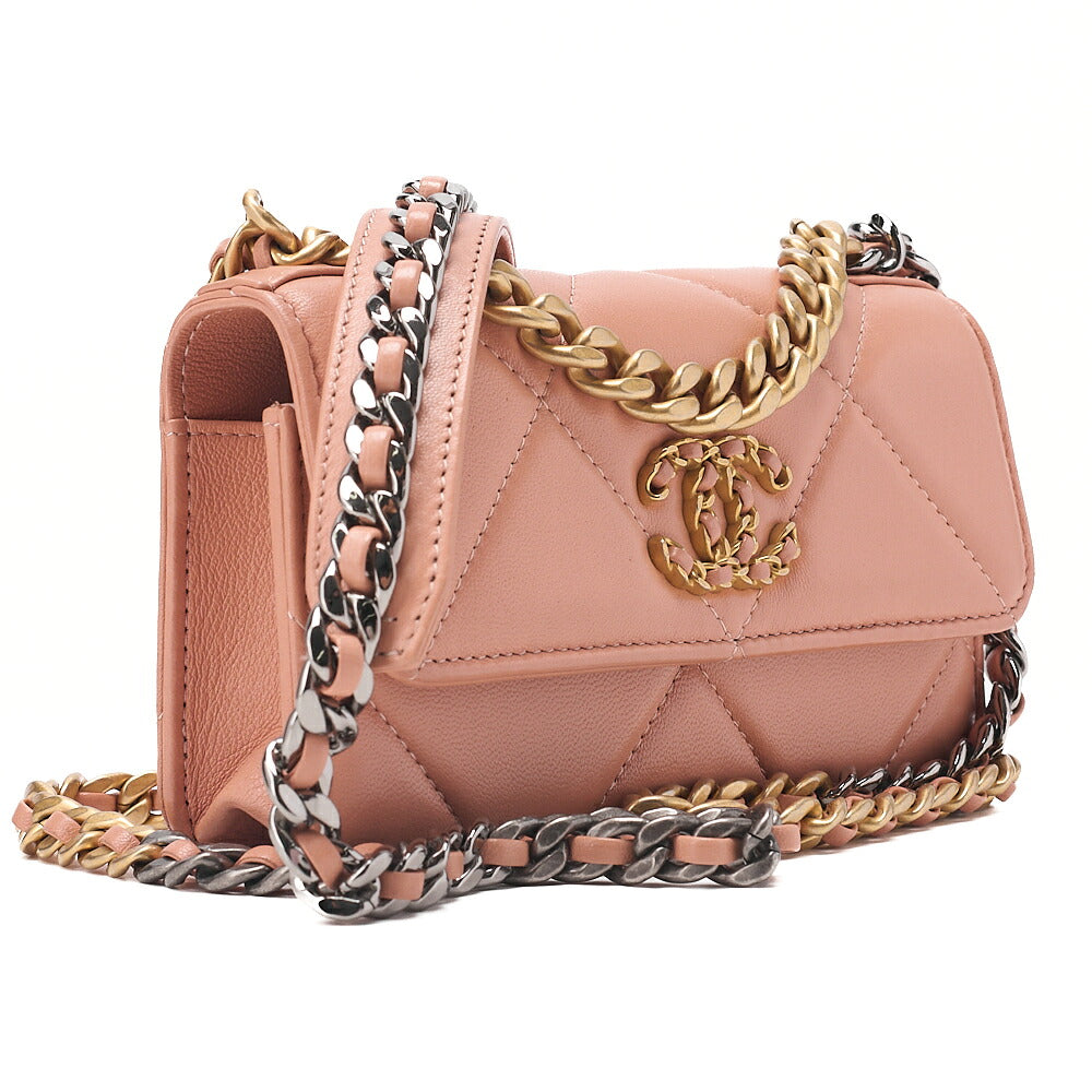 CHANEL Chanel 19 Lambskin Matelasse Chain Wallet 2WAY Salmon Pink (Gold x Silver-Tone Hardware, Pre-Owned