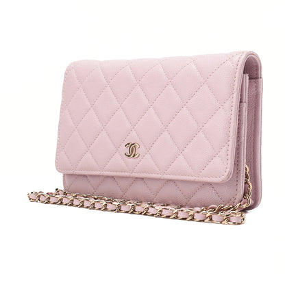 CHANEL Caviar Skin Matelasse Chain Wallet Pink Gold-Tone Hardware, Pre-Owned