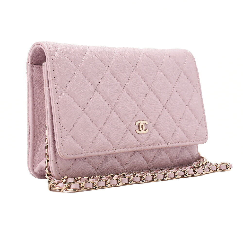 CHANEL Caviar Skin Matelasse Chain Wallet Pink Gold-Tone Hardware, Pre-Owned