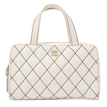 CHANEL Calfskin Coco Mark Wild Stitch Handbag White Gold-Tone Hardware, Pre-Owned