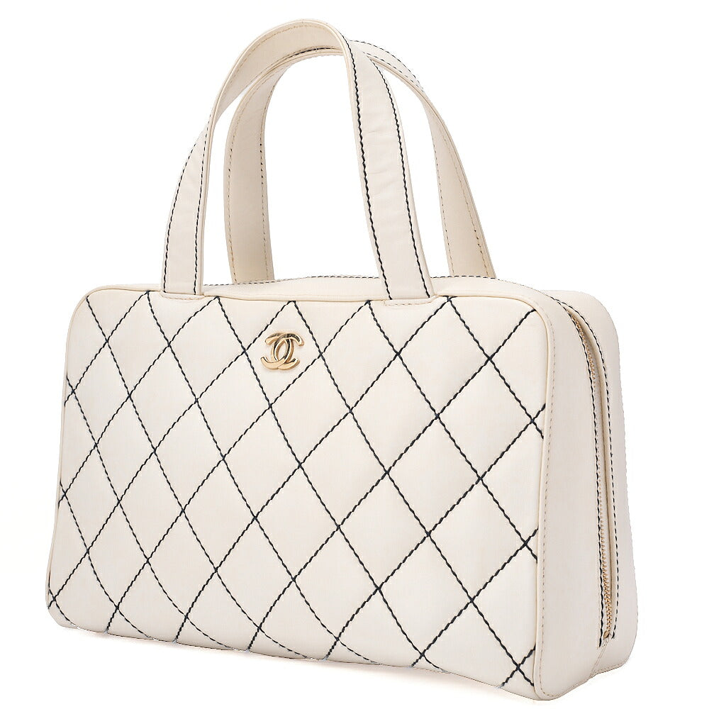 CHANEL Calfskin Coco Mark Wild Stitch Handbag White Gold-Tone Hardware, Pre-Owned