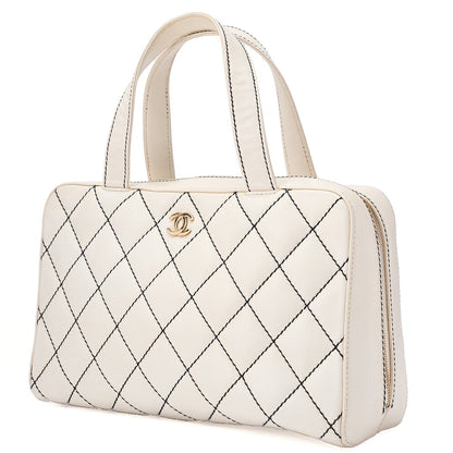 CHANEL Calfskin Coco Mark Wild Stitch Handbag White Gold-Tone Hardware, Pre-Owned