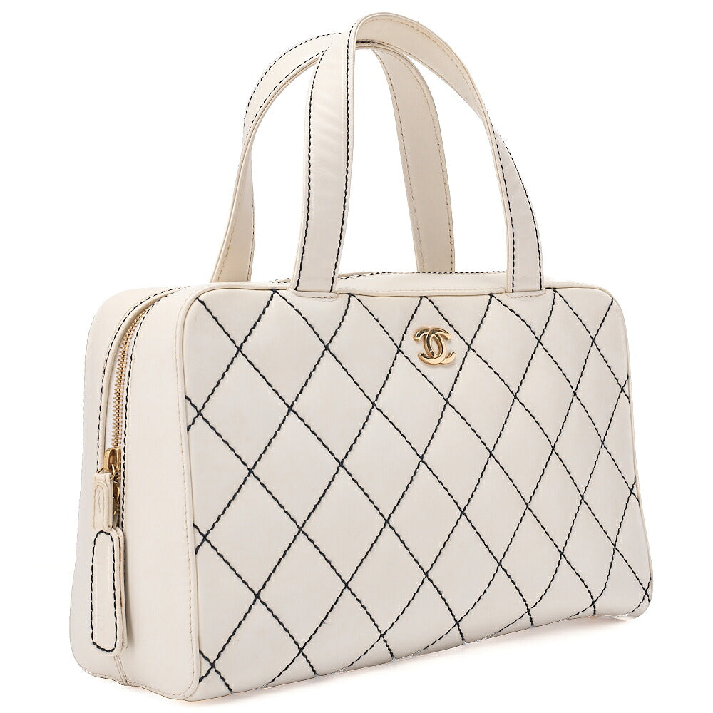 CHANEL Calfskin Coco Mark Wild Stitch Handbag White Gold-Tone Hardware, Pre-Owned