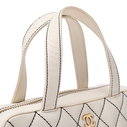 CHANEL Calfskin Coco Mark Wild Stitch Handbag White Gold-Tone Hardware, Pre-Owned