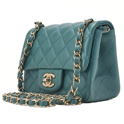 CHANEL Mini Matelasse Chain Shoulder Bag Coco Mark Lambskin Green Gold-Tone Hardware, Pre-Owned