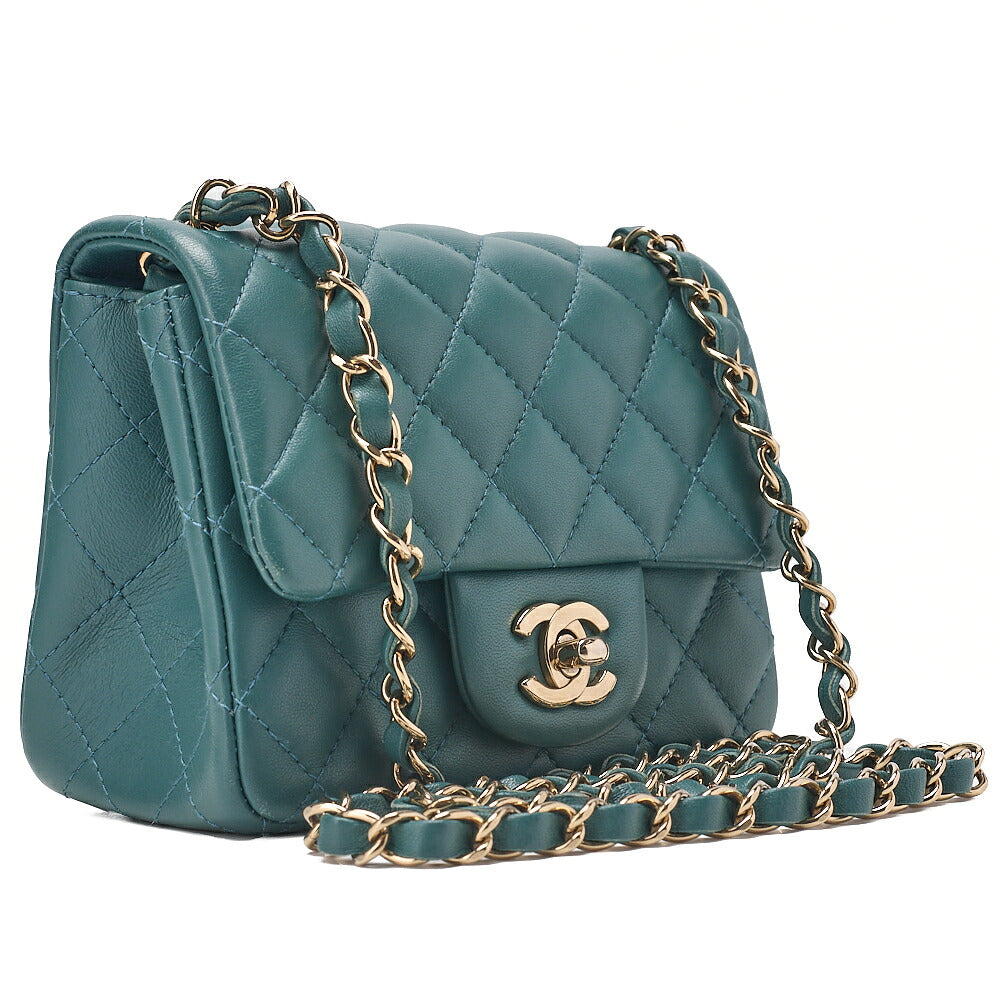 CHANEL Mini Matelasse Chain Shoulder Bag Coco Mark Lambskin Green Gold-Tone Hardware, Pre-Owned