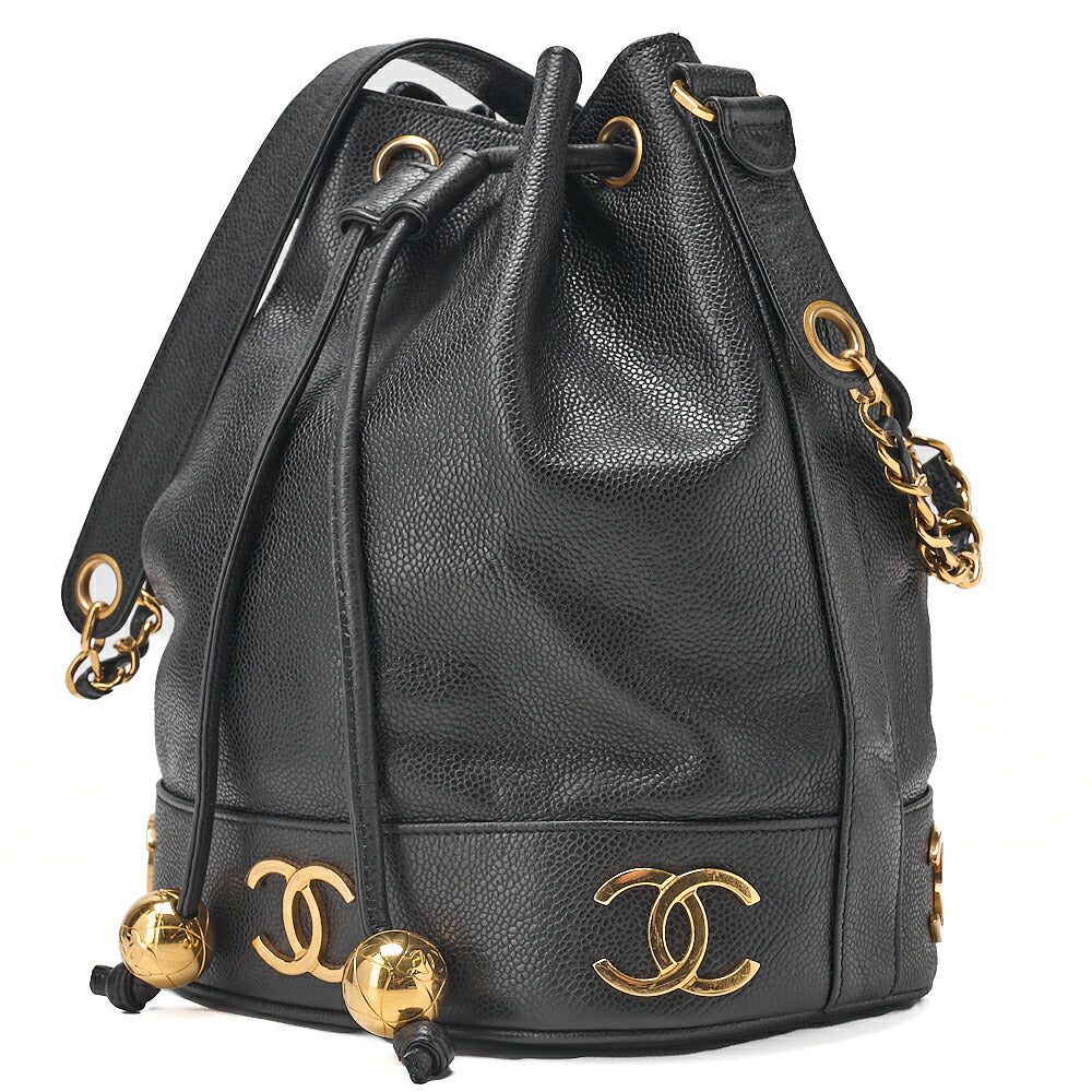 CHANEL Chain Shoulder Bag Caviar Ski Triple Coco Drawstring Ball Charm Black Gold-Tone Hardware, Pre-Owned