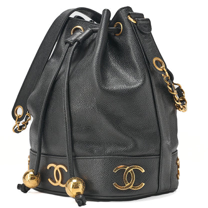 CHANEL Chain Shoulder Bag Caviar Ski Triple Coco Drawstring Ball Charm Black Gold-Tone Hardware, Pre-Owned