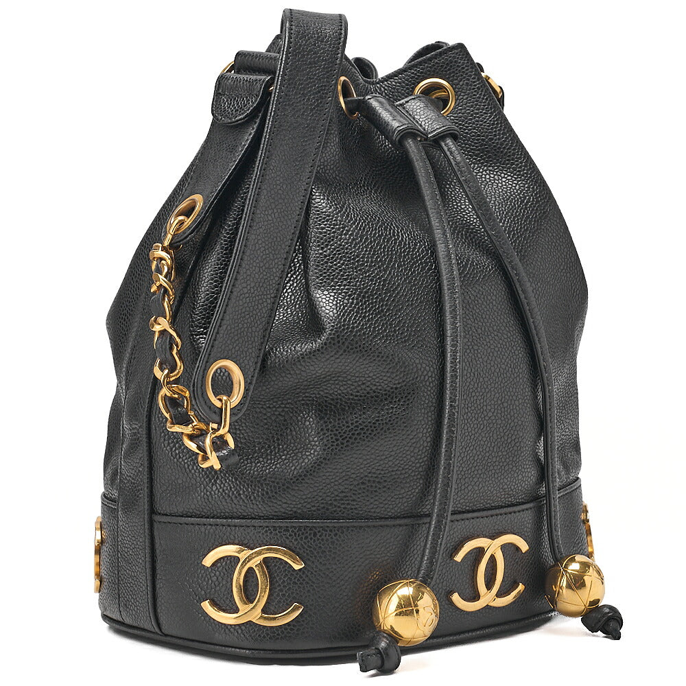 CHANEL Chain Shoulder Bag Caviar Ski Triple Coco Drawstring Ball Charm Black Gold-Tone Hardware, Pre-Owned