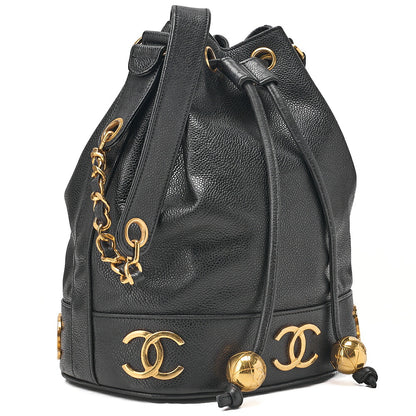 CHANEL Chain Shoulder Bag Caviar Ski Triple Coco Drawstring Ball Charm Black Gold-Tone Hardware, Pre-Owned