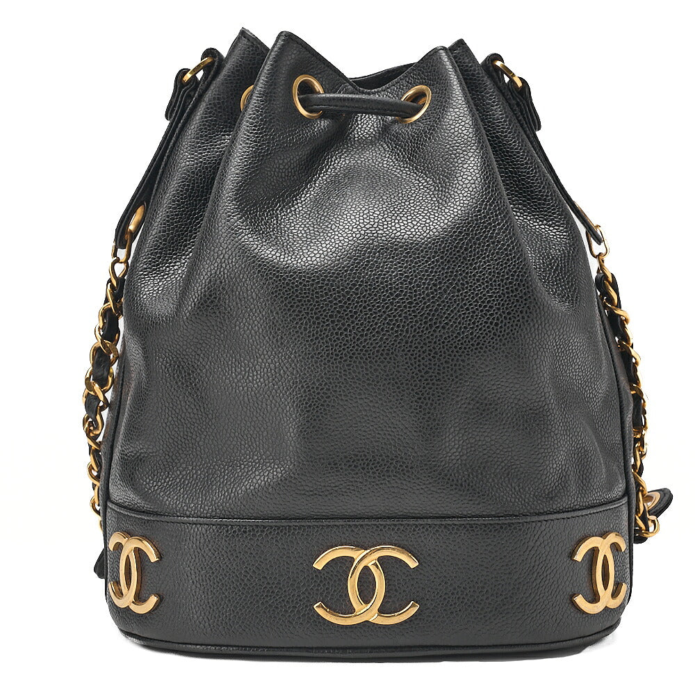 CHANEL Chain Shoulder Bag Caviar Ski Triple Coco Drawstring Ball Charm Black Gold-Tone Hardware, Pre-Owned