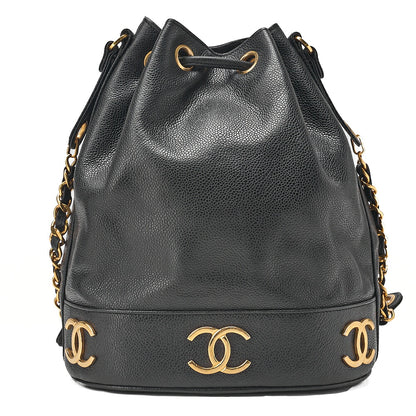 CHANEL Chain Shoulder Bag Caviar Ski Triple Coco Drawstring Ball Charm Black Gold-Tone Hardware, Pre-Owned