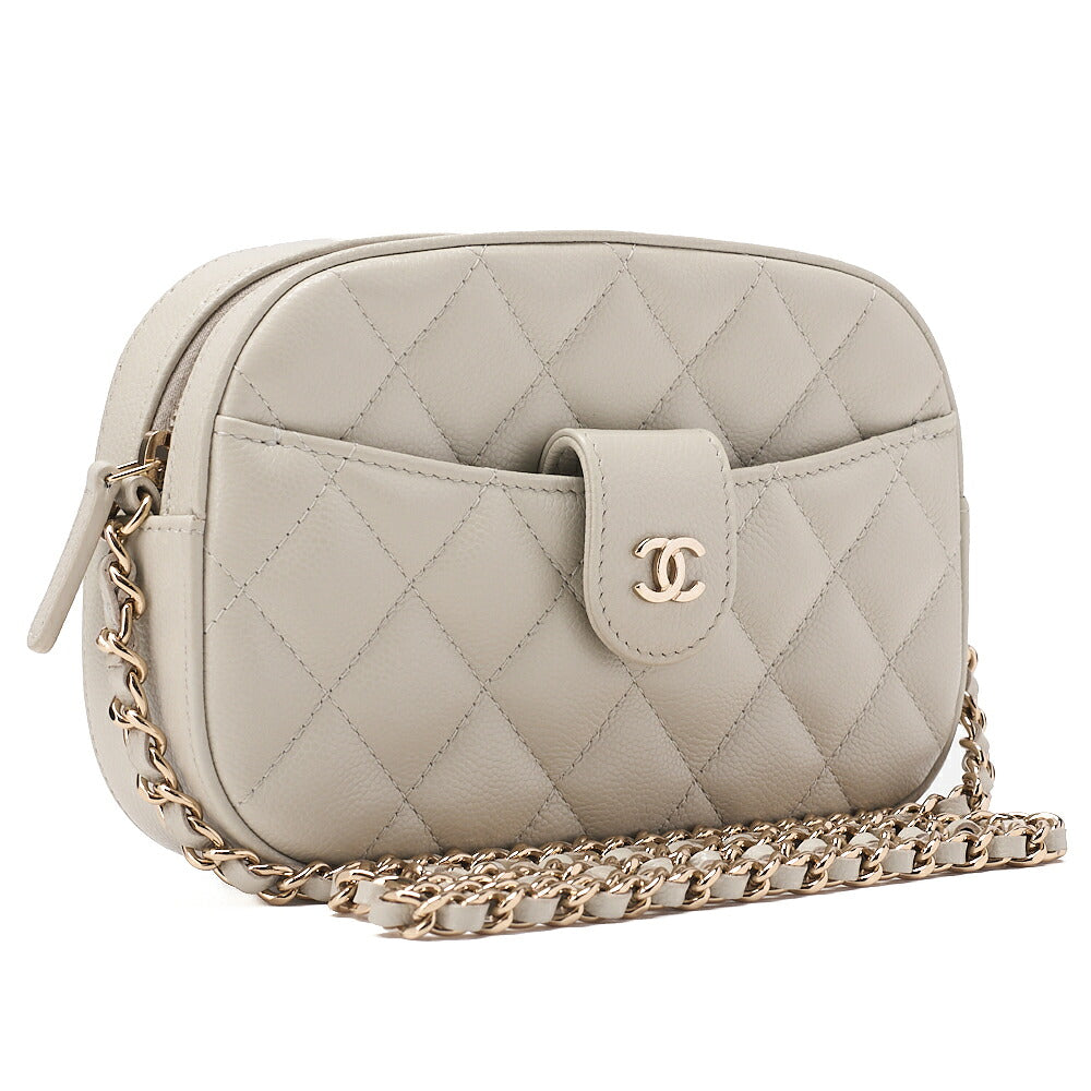 CHANEL Caviar Skin Matelasse Bicolore Chain Wallet Gray Gold-Tone Hardware, Pre-Owned