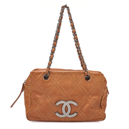 CHANEL Calfskin Wild Stitch Big Coco Double Chain Shoulder Brown Silver-Tone Hardware, Pre-Owned