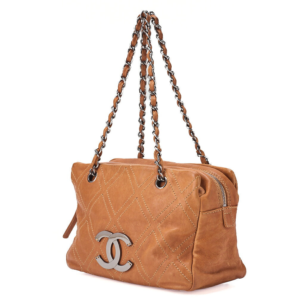CHANEL Calfskin Wild Stitch Big Coco Double Chain Shoulder Brown Silver-Tone Hardware, Pre-Owned