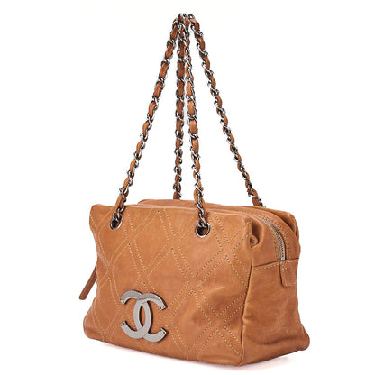 CHANEL Calfskin Wild Stitch Big Coco Double Chain Shoulder Brown Silver-Tone Hardware, Pre-Owned
