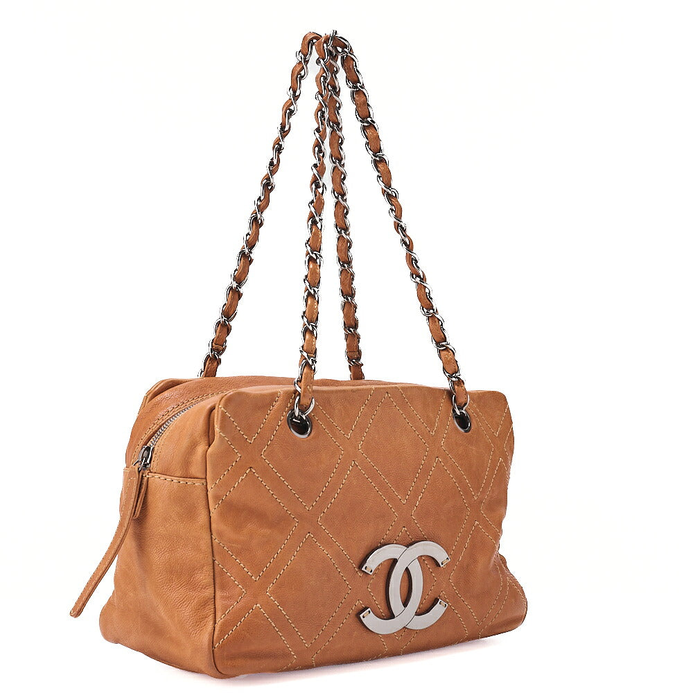 CHANEL Calfskin Wild Stitch Big Coco Double Chain Shoulder Brown Silver-Tone Hardware, Pre-Owned