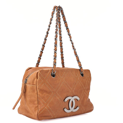 CHANEL Calfskin Wild Stitch Big Coco Double Chain Shoulder Brown Silver-Tone Hardware, Pre-Owned