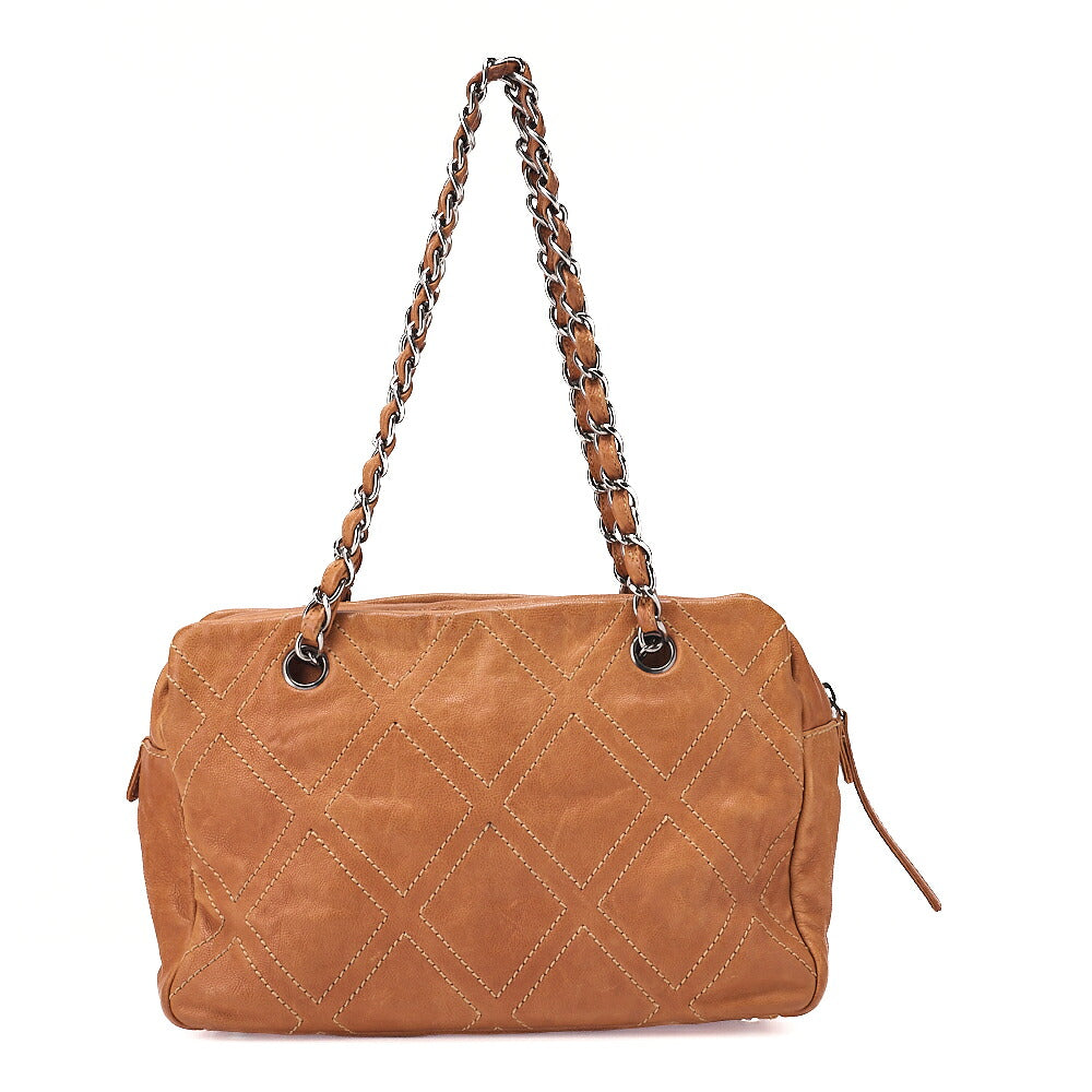 CHANEL Calfskin Wild Stitch Big Coco Double Chain Shoulder Brown Silver-Tone Hardware, Pre-Owned