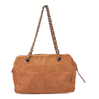 CHANEL Calfskin Wild Stitch Big Coco Double Chain Shoulder Brown Silver-Tone Hardware, Pre-Owned