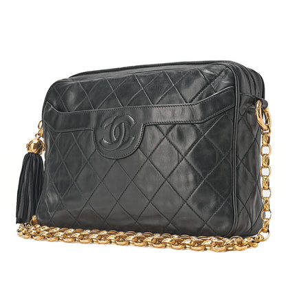 CHANEL Lambskin Coco Mark with Fringe Visual Chain Shoulder Black Gold-Tone Hardware, Pre-Owned