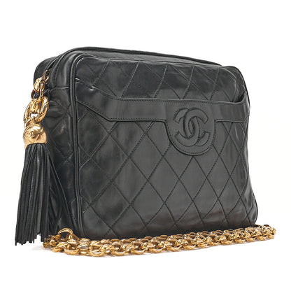 CHANEL Lambskin Coco Mark with Fringe Visual Chain Shoulder Black Gold-Tone Hardware, Pre-Owned