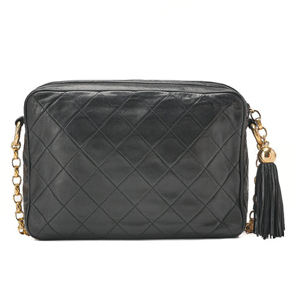 CHANEL Lambskin Coco Mark with Fringe Visual Chain Shoulder Black Gold-Tone Hardware, Pre-Owned
