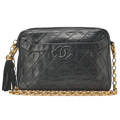CHANEL Lambskin Coco Mark with Fringe Visual Chain Shoulder Black Gold-Tone Hardware, Pre-Owned