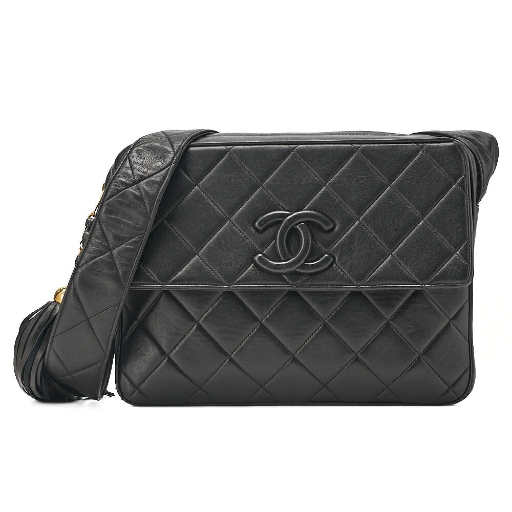 CHANEL Lambskin Matelasse Coco Mark with Fringe O Black One-Shoulder Black Gold-Tone Hardware, Pre-Owned