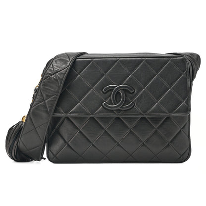 CHANEL Lambskin Matelasse Coco Mark with Fringe O Black One-Shoulder Black Gold-Tone Hardware, Pre-Owned