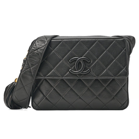 CHANEL Lambskin Matelasse Coco Mark with Fringe O Black One-Shoulder Black Gold-Tone Hardware, Pre-Owned