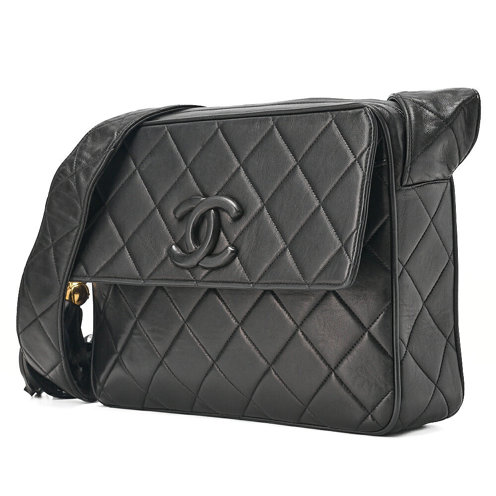CHANEL Lambskin Matelasse Coco Mark with Fringe O Black One-Shoulder Black Gold-Tone Hardware, Pre-Owned