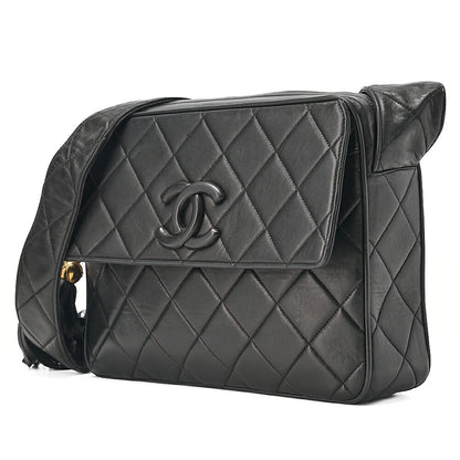 CHANEL Lambskin Matelasse Coco Mark with Fringe O Black One-Shoulder Black Gold-Tone Hardware, Pre-Owned