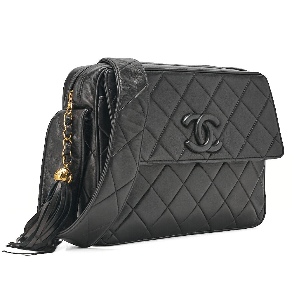 CHANEL Lambskin Matelasse Coco Mark with Fringe O Black One-Shoulder Black Gold-Tone Hardware, Pre-Owned
