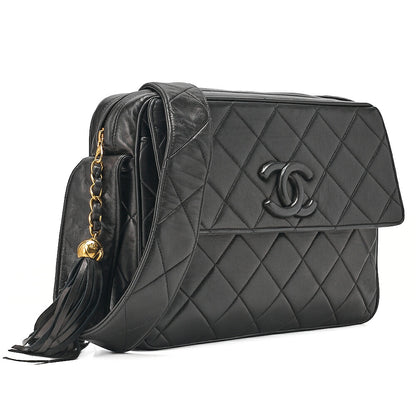 CHANEL Lambskin Matelasse Coco Mark with Fringe O Black One-Shoulder Black Gold-Tone Hardware, Pre-Owned
