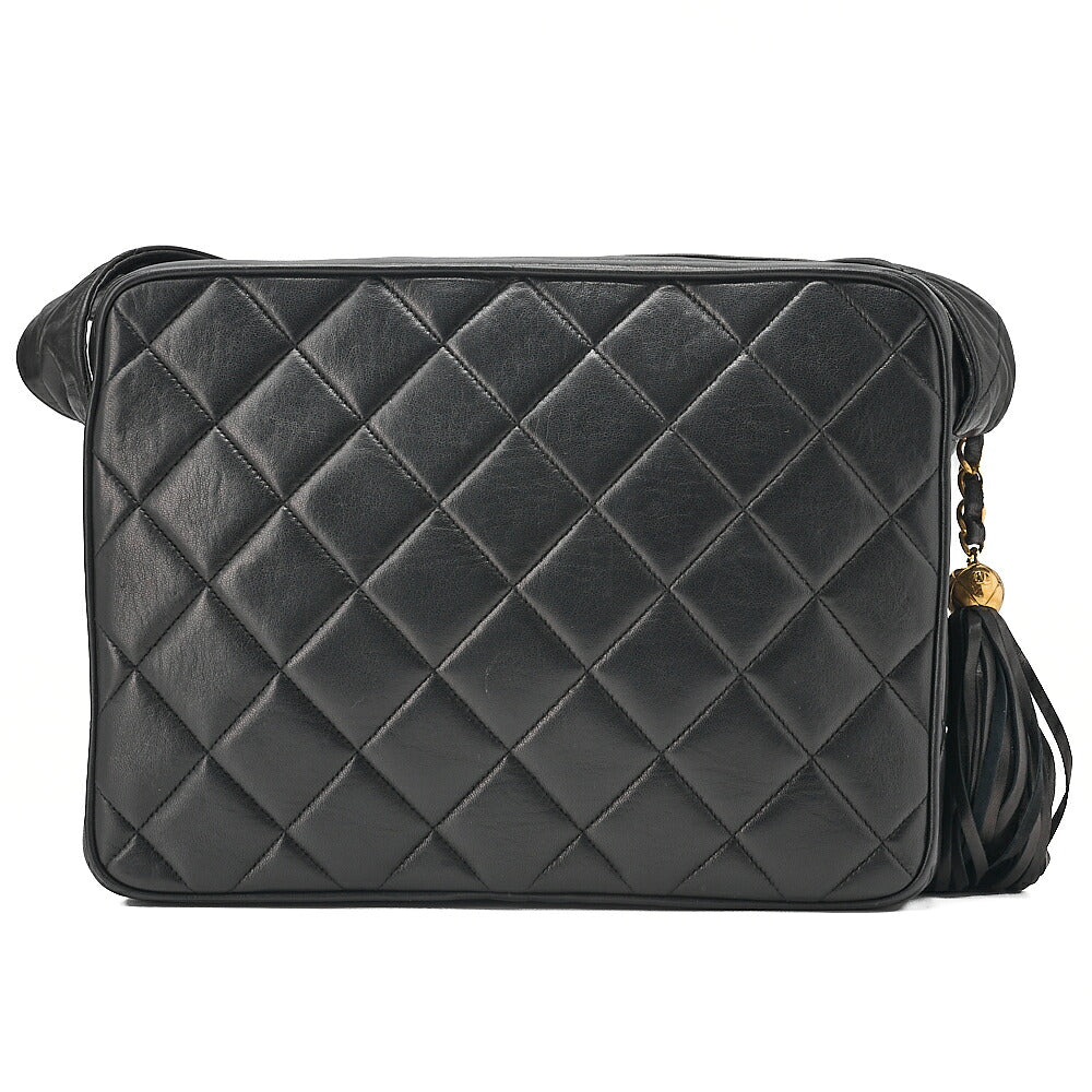 CHANEL Lambskin Matelasse Coco Mark with Fringe O Black One-Shoulder Black Gold-Tone Hardware, Pre-Owned