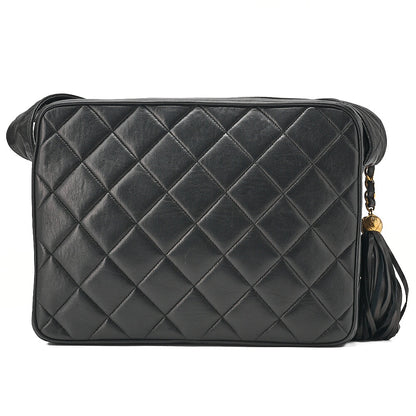 CHANEL Lambskin Matelasse Coco Mark with Fringe O Black One-Shoulder Black Gold-Tone Hardware, Pre-Owned