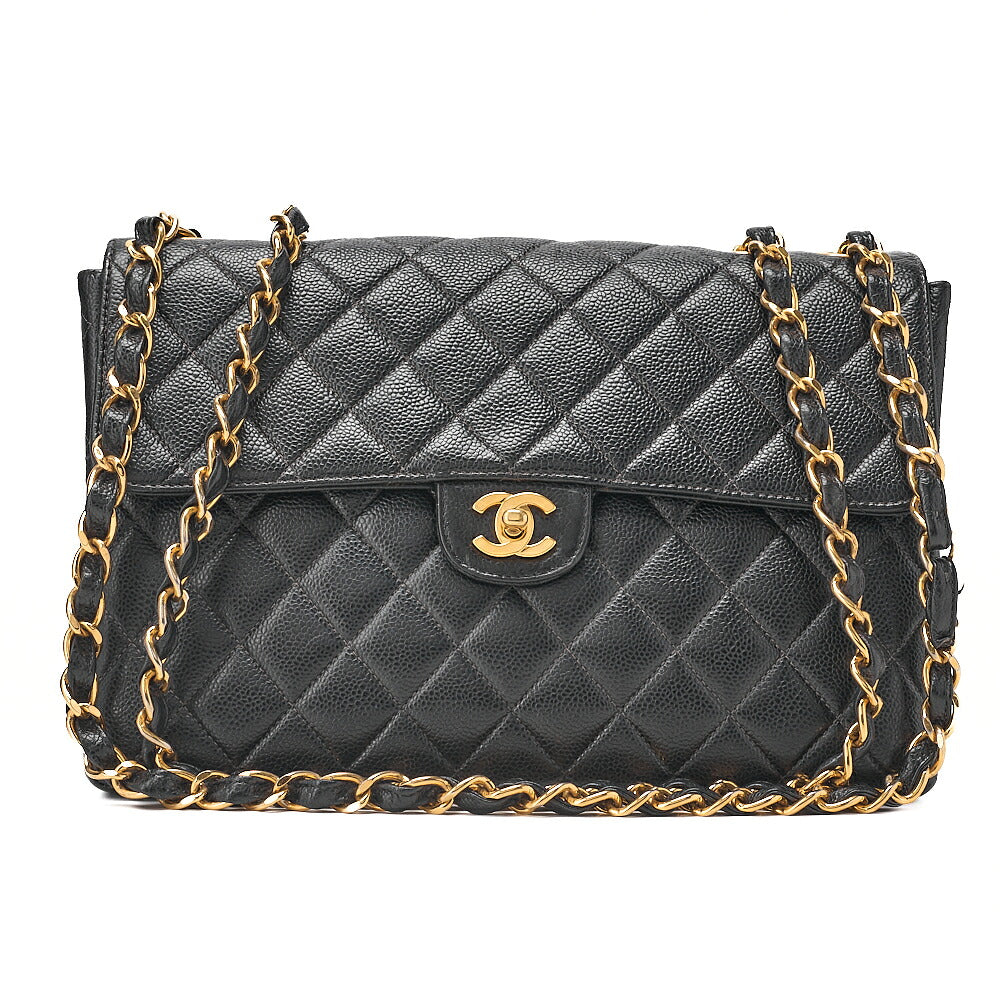 CHANEL Caviar Skin Deka Matelasse Single Flap Chain Shoulder Black Gold-Tone Hardware, Pre-Owned